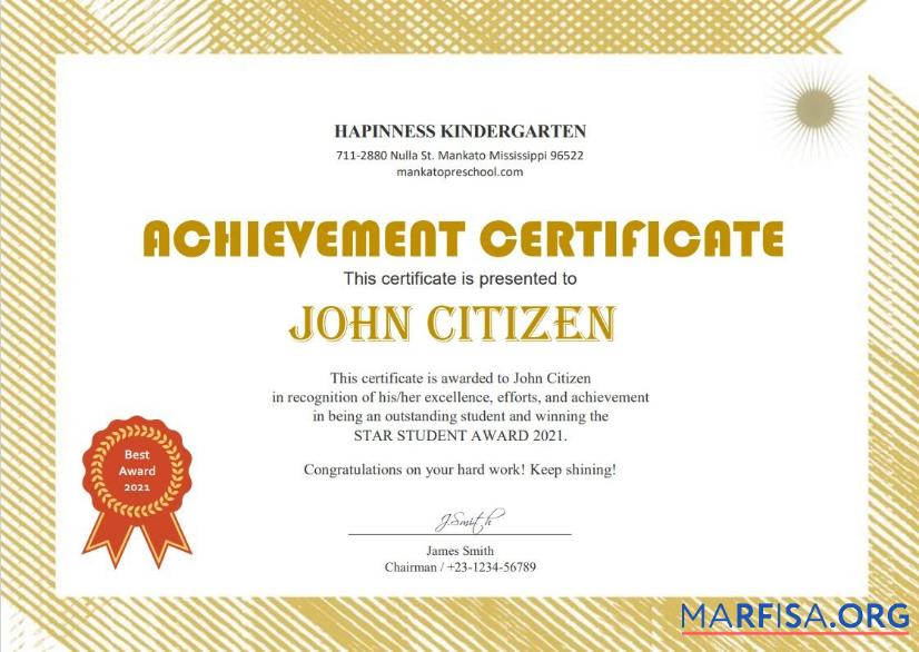 Realistic USA Kindergarten certificate template in Word and PDF format